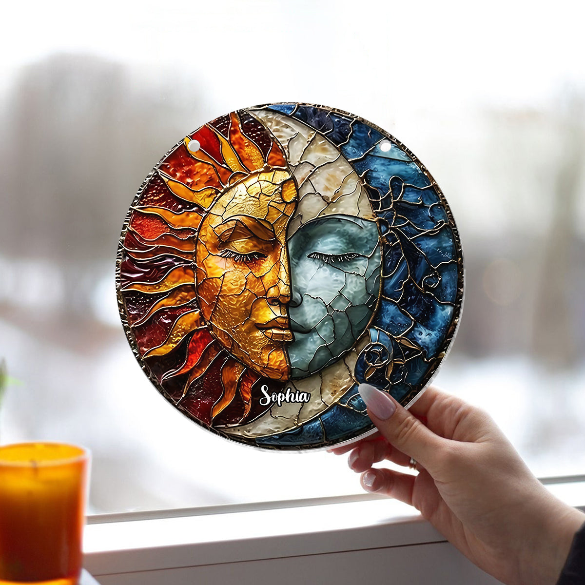 Live By The Sun Love By The Moon - Personalized Hippie Window Hanging Suncatcher Ornament