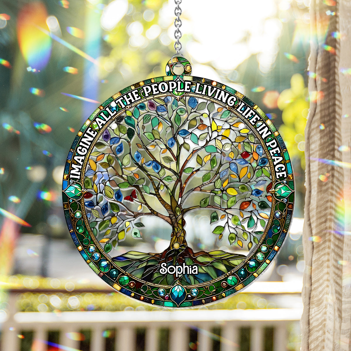 Imagine All The People Living Life In Peace - Personalized Hippie Window Hanging Suncatcher Ornament