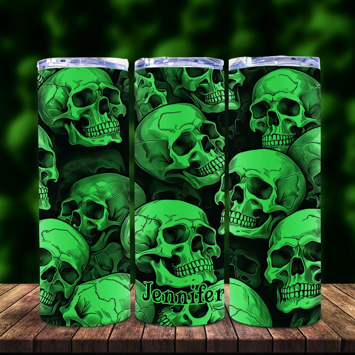 Skull And Fire - Personalized Skull Glow Skinny Tumbler