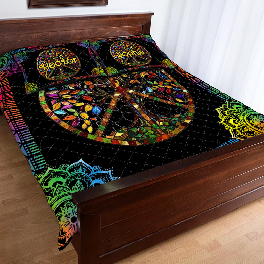 It's A Beautiful World Tree Of Life Peace Sign - Personalized Hippie Quilt Set