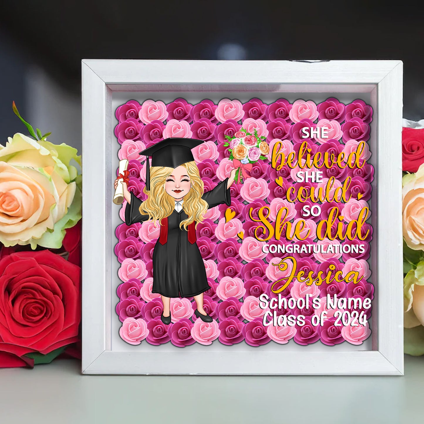 Graduation Girl 2024 - Personalized Graduation Custom Shaped Flower Shadow Box
