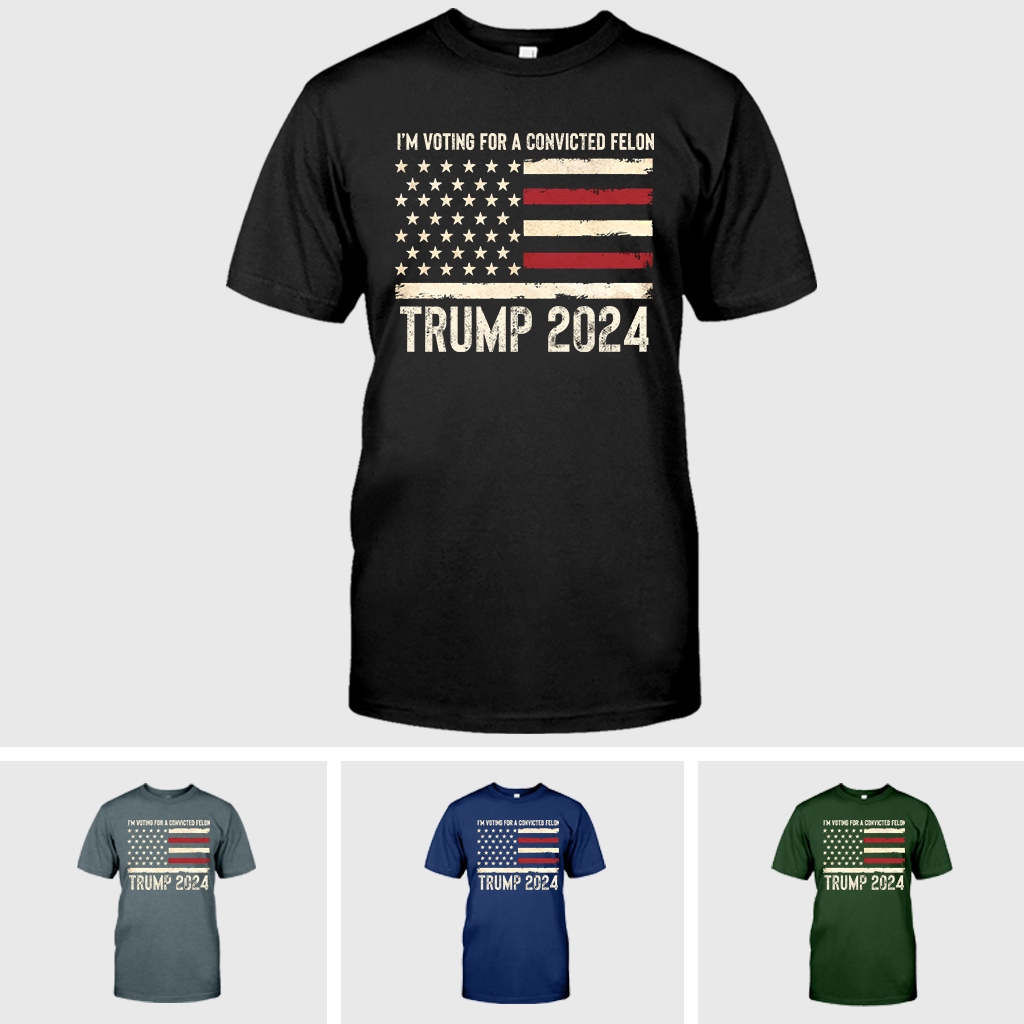 T-shirt « TRUMP Je vote pour un criminel condamné », T-shirt humoristique sur les élections, T-shirt graphique patriotique, Drapeau américain Président Trump