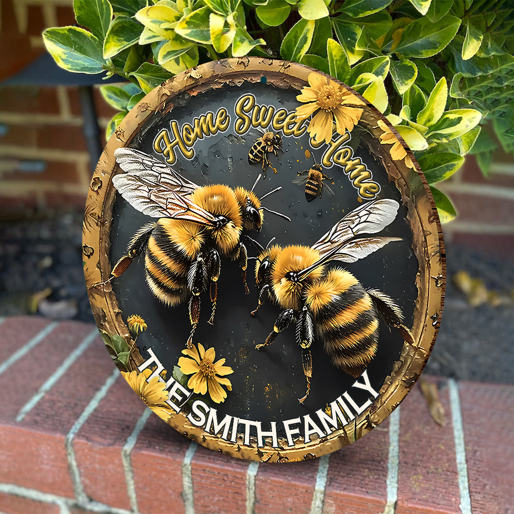 Home Sweet Home - Personalized Bee Round Wood Sign