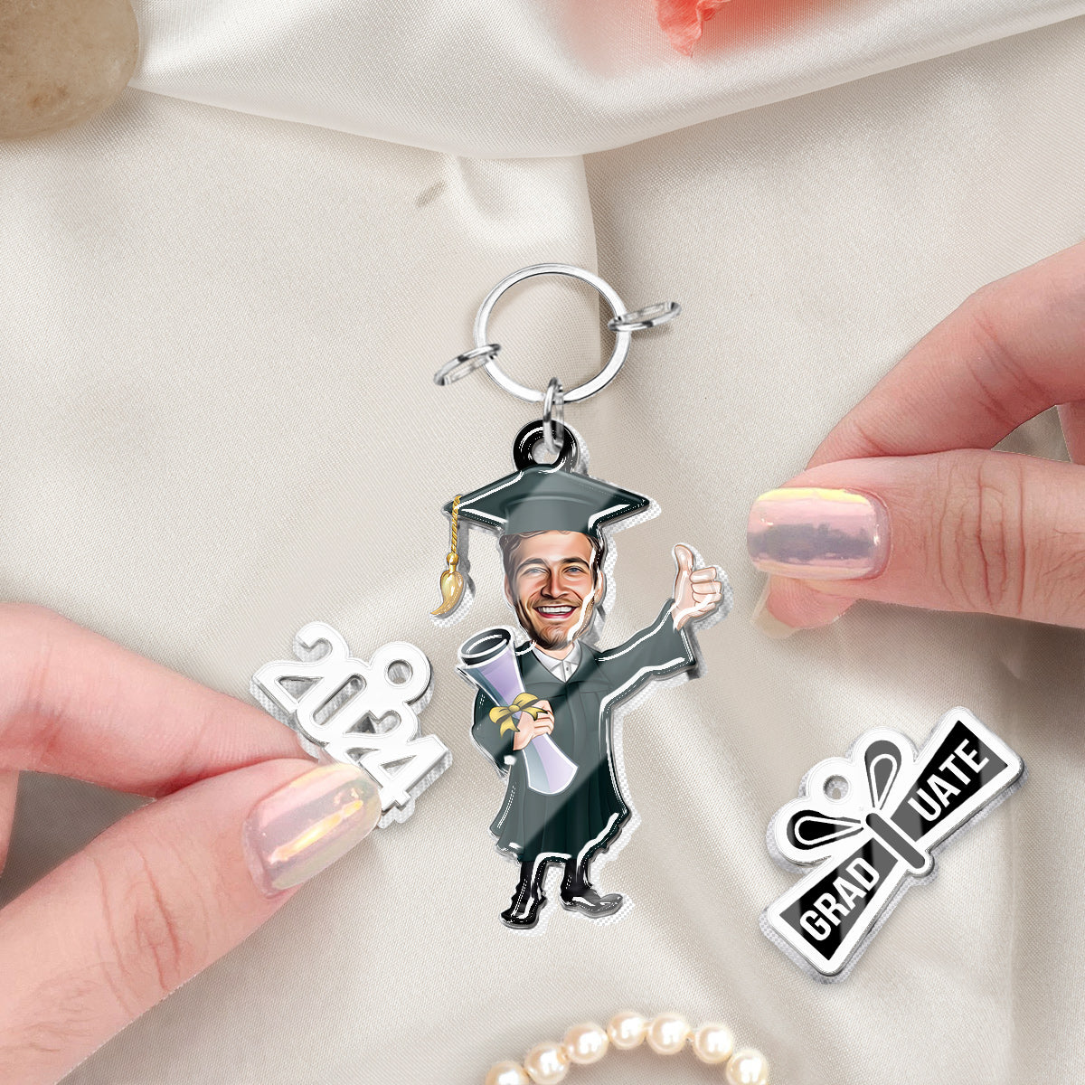 Funny Graduate Caricature - Personalized Graduation Keychain with Charms