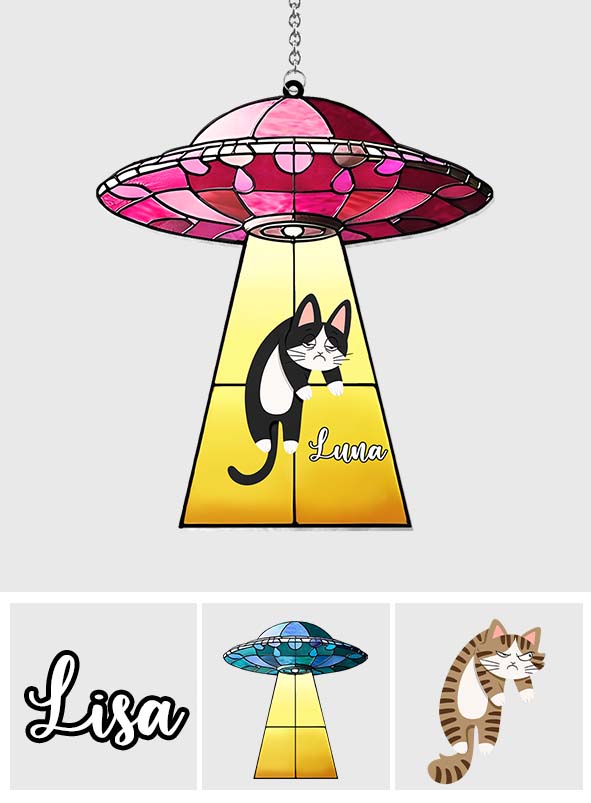 UFO With A Cat - Personalized Cat Window Hanging Suncatcher Ornament