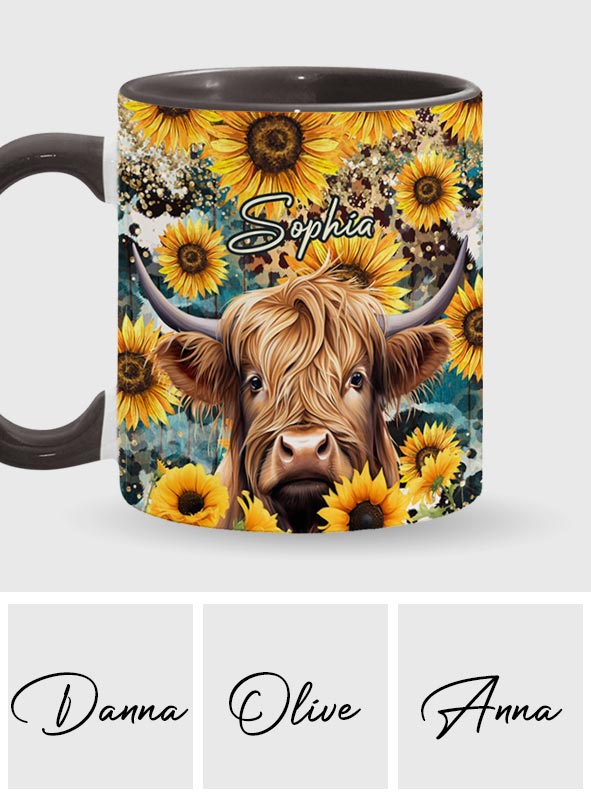 Highland Cow Among Sunflowers - Personalized Accent Mug