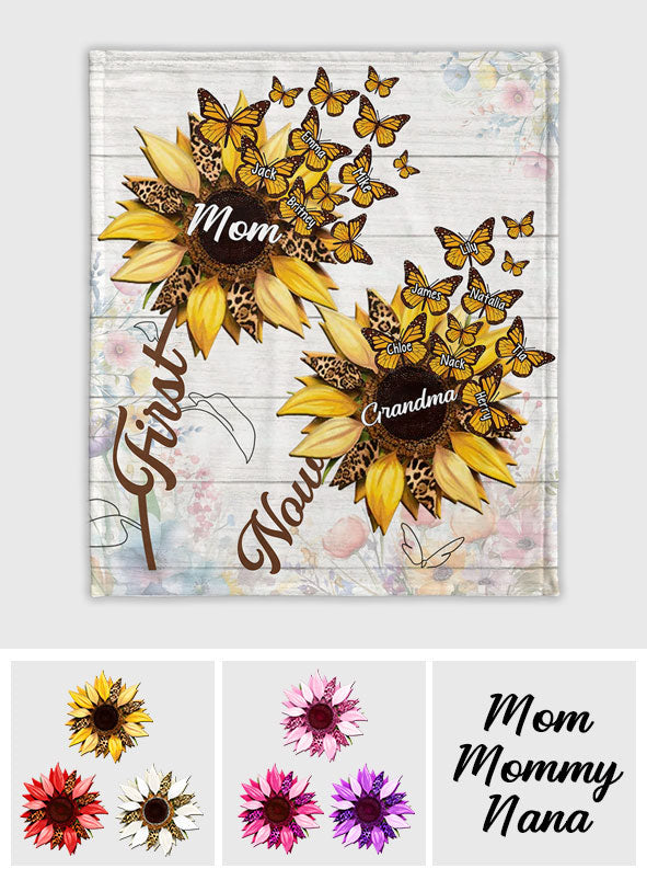 First Mom Now Grandma Sunflower - Personalized Grandma Blanket