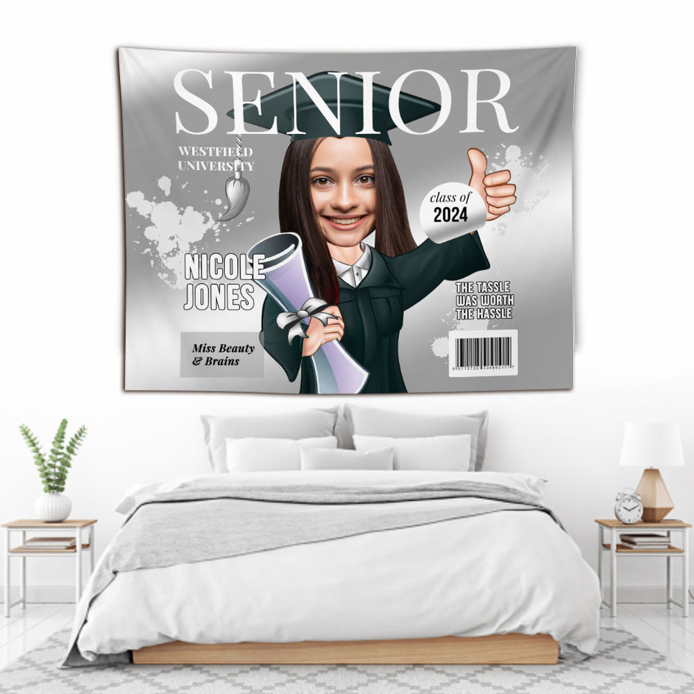 Senior Magazine Cover Caricature - Personalized Graduation Wall Tapestry