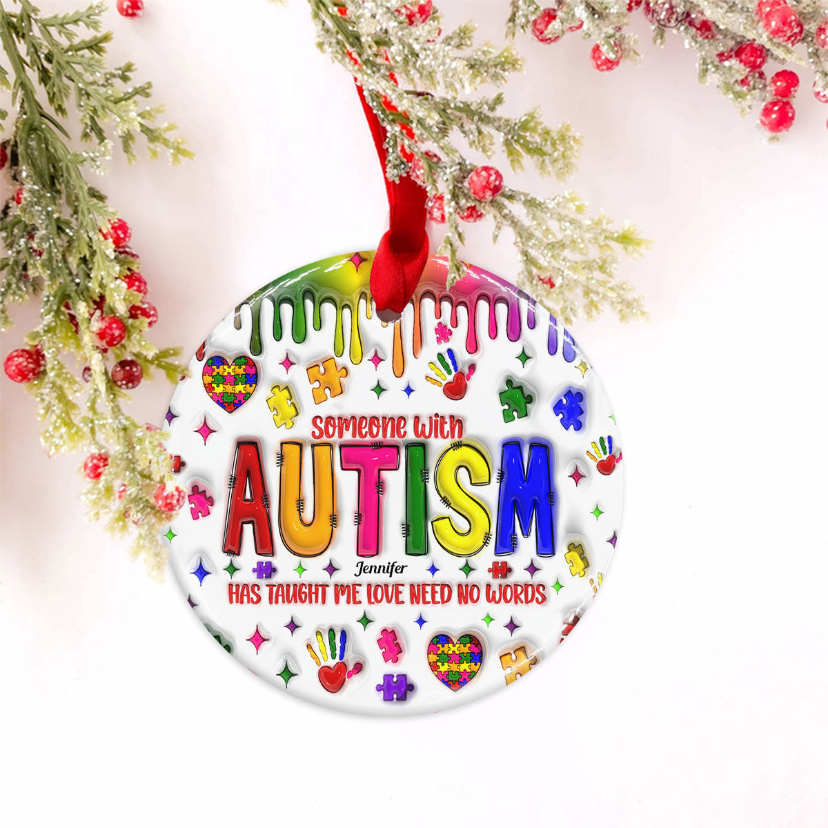 Love Need No Words - Personalized Autism Awareness Ceramic Circle Ornament