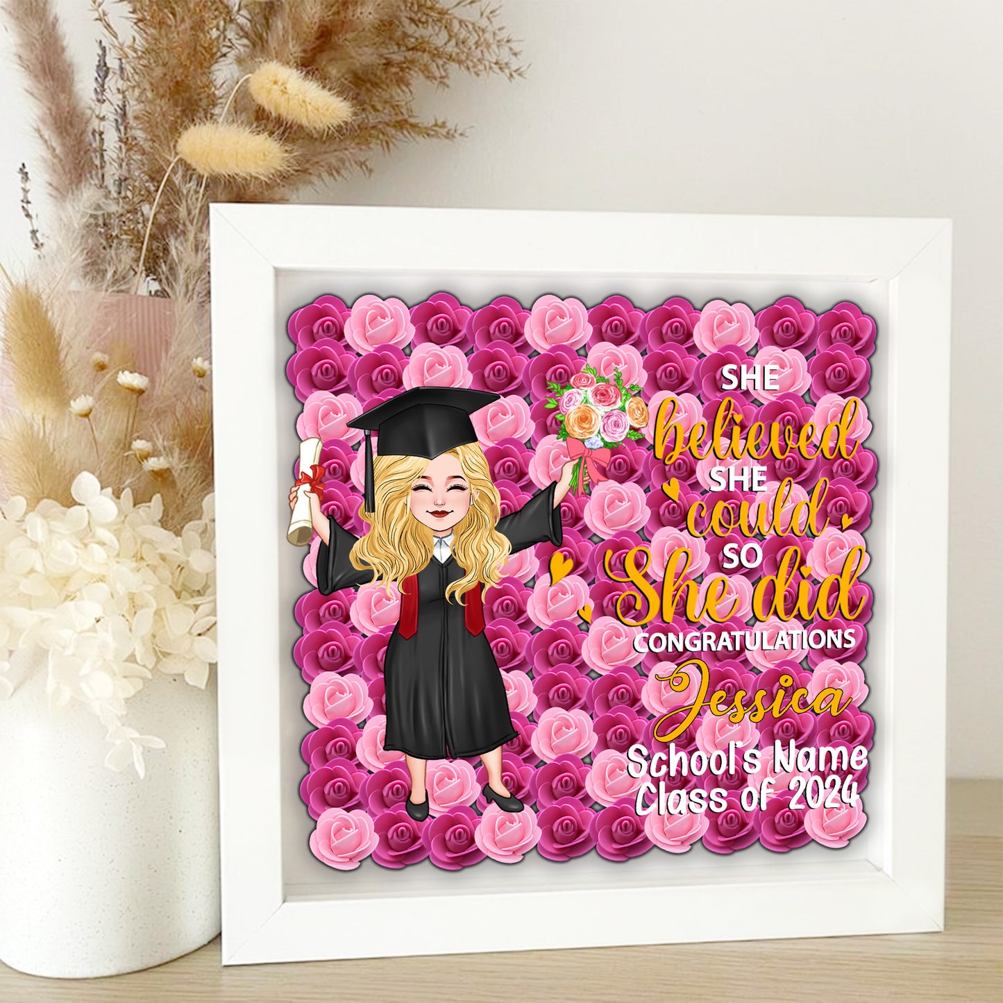 Graduation Girl 2024 - Personalized Graduation Custom Shaped Flower Shadow Box