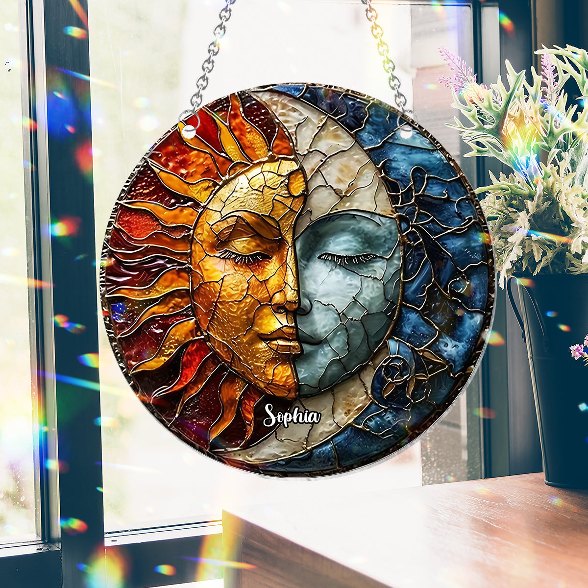 Live By The Sun Love By The Moon - Personalized Hippie Window Hanging Suncatcher Ornament