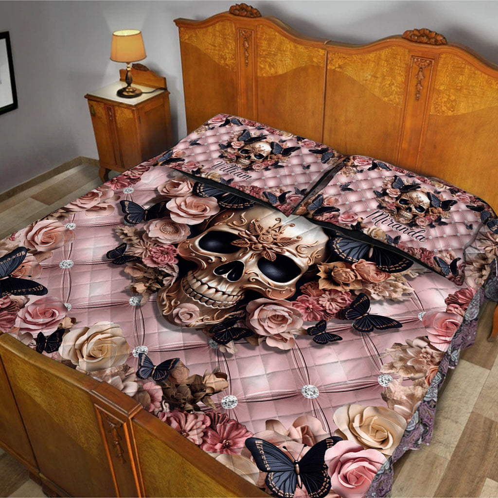 Pink Skull & Black Butterflies - Personalized Skull Quilt Set