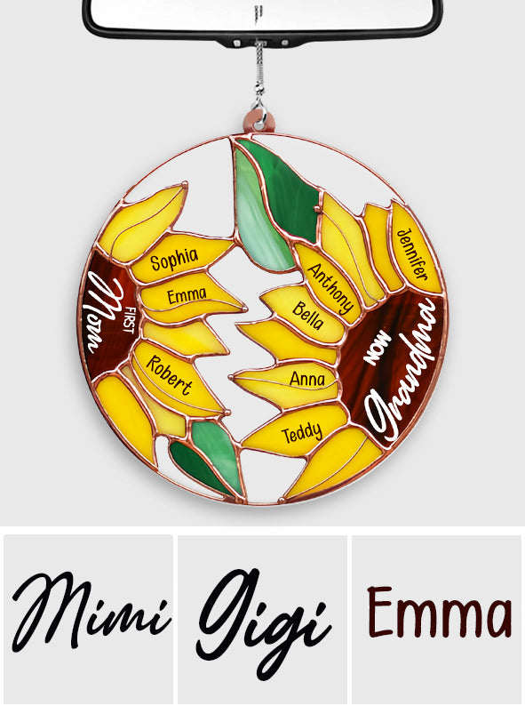 First Mom Now Grandma Sunflower - Personalized Grandma Transparent Car Ornament