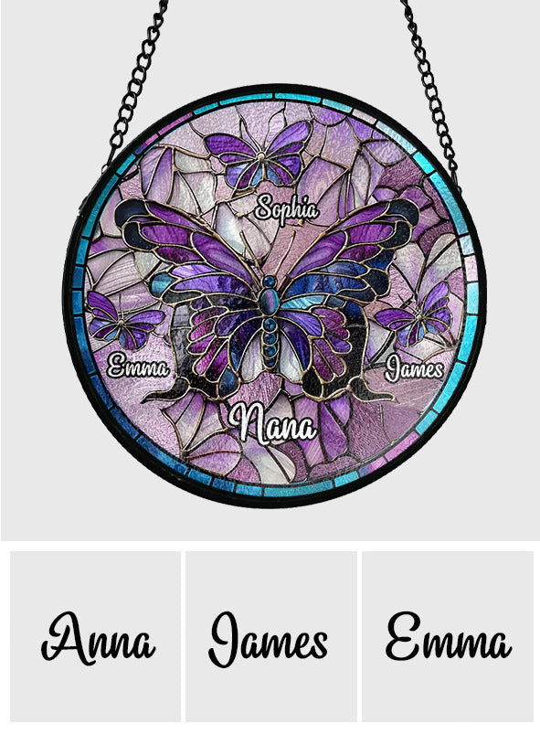 Nana Beautiful Butterfly Any Title - Personalized Grandma Stained Glass Suncatcher