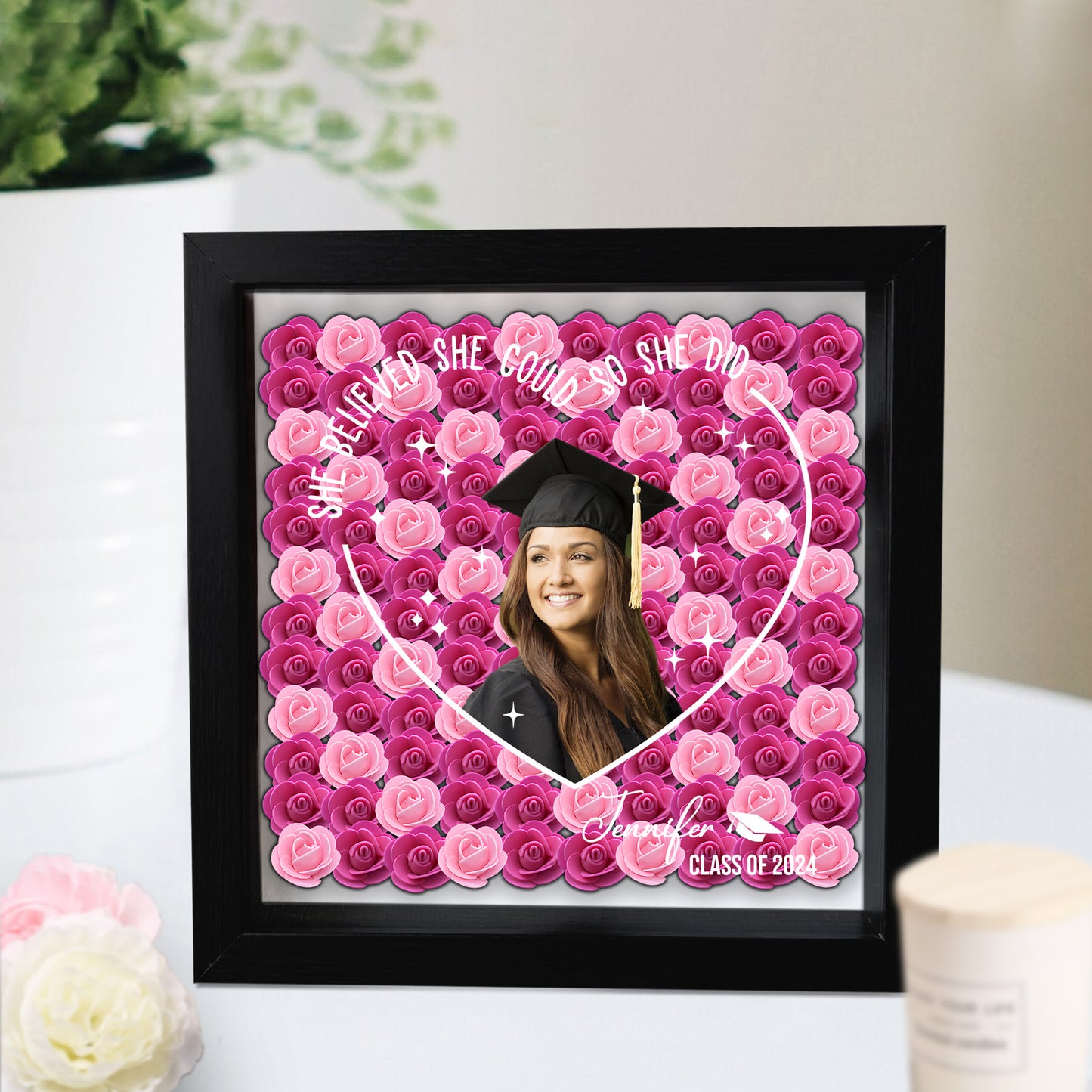 They Believed They Could So They Did - Personalized Graduation Custom Shaped Flower Shadow Box