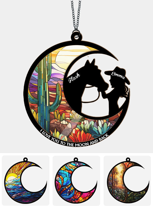 Ich liebe dich bis zum Mond – Pferdemädchen-Buntglasbild – Personalisierter zweilagiger Fensterhänger mit Pferdemotiv