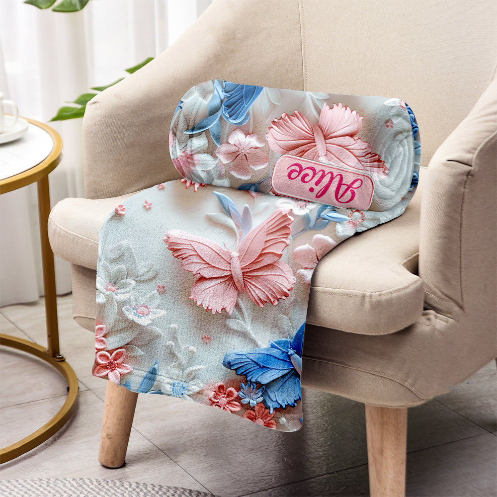 Pink And Blue Butterflies - Personalized Butterfly Blanket