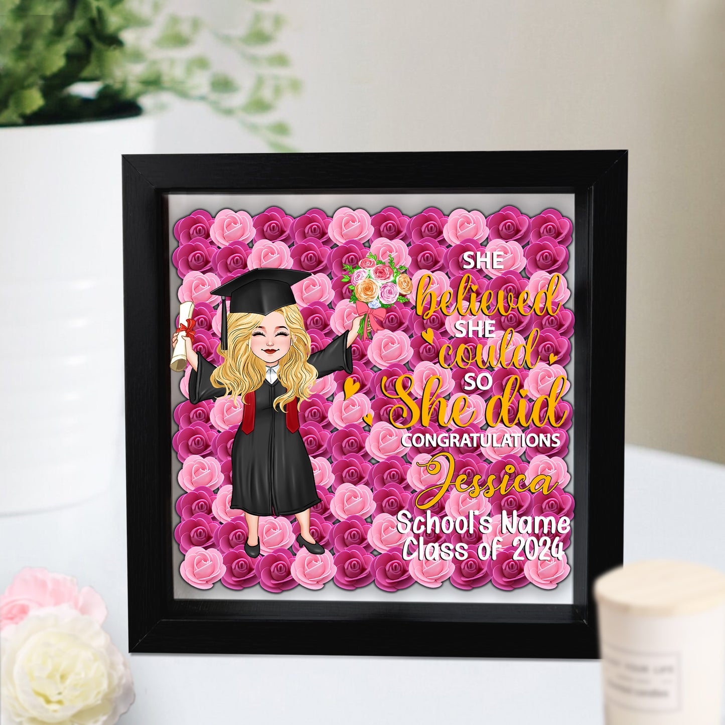 Graduation Girl 2024 - Personalized Graduation Custom Shaped Flower Shadow Box