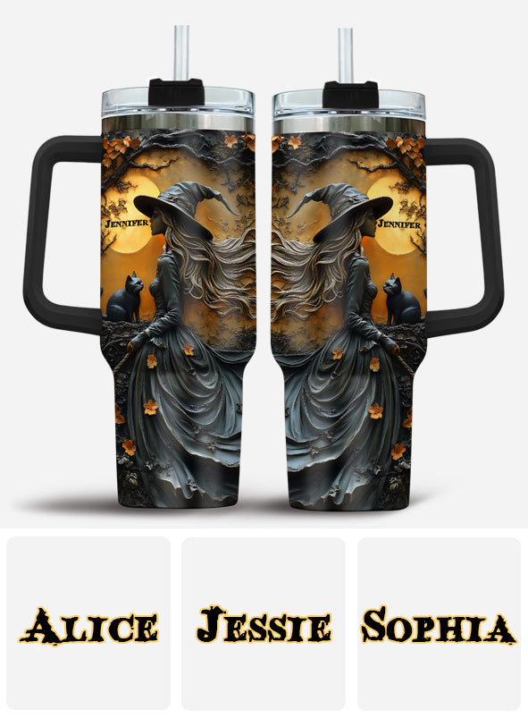 Beautiful Witch & Her Black Cat - Personalized Witch Tumbler With Handle