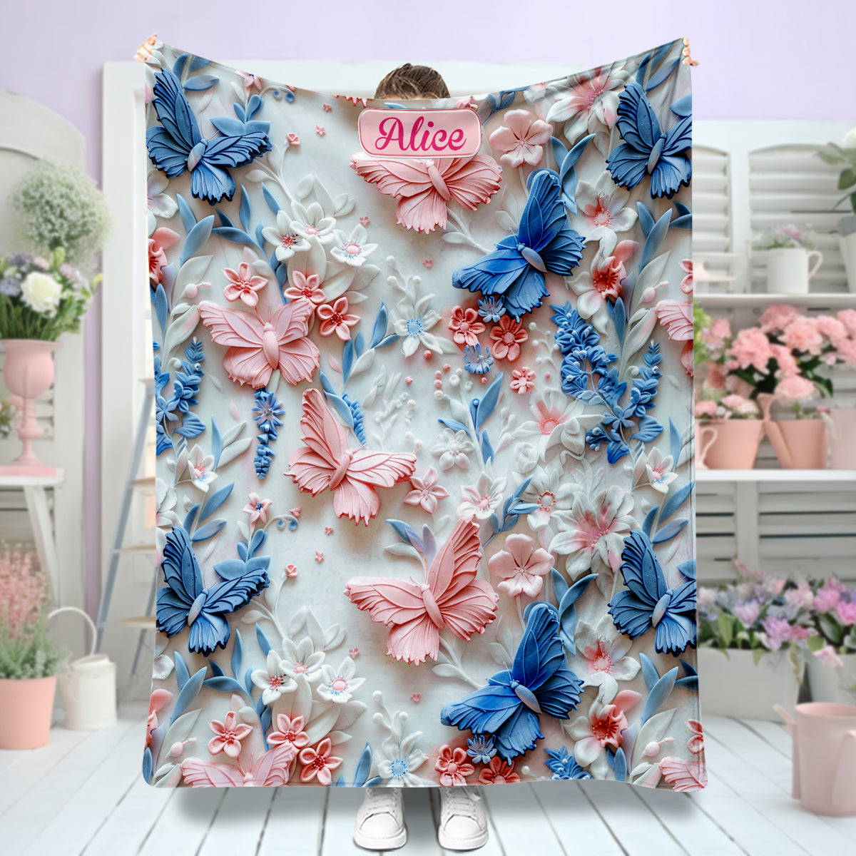 Pink And Blue Butterflies - Personalized Butterfly Blanket