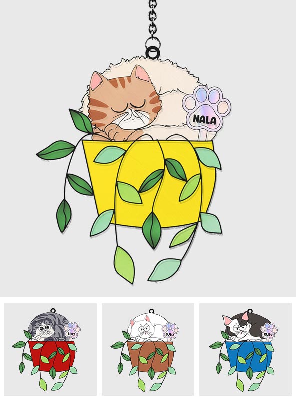 Chat détendu dans un pot de fleurs - Attrape-soleil personnalisé en forme de chat à suspendre à la fenêtre