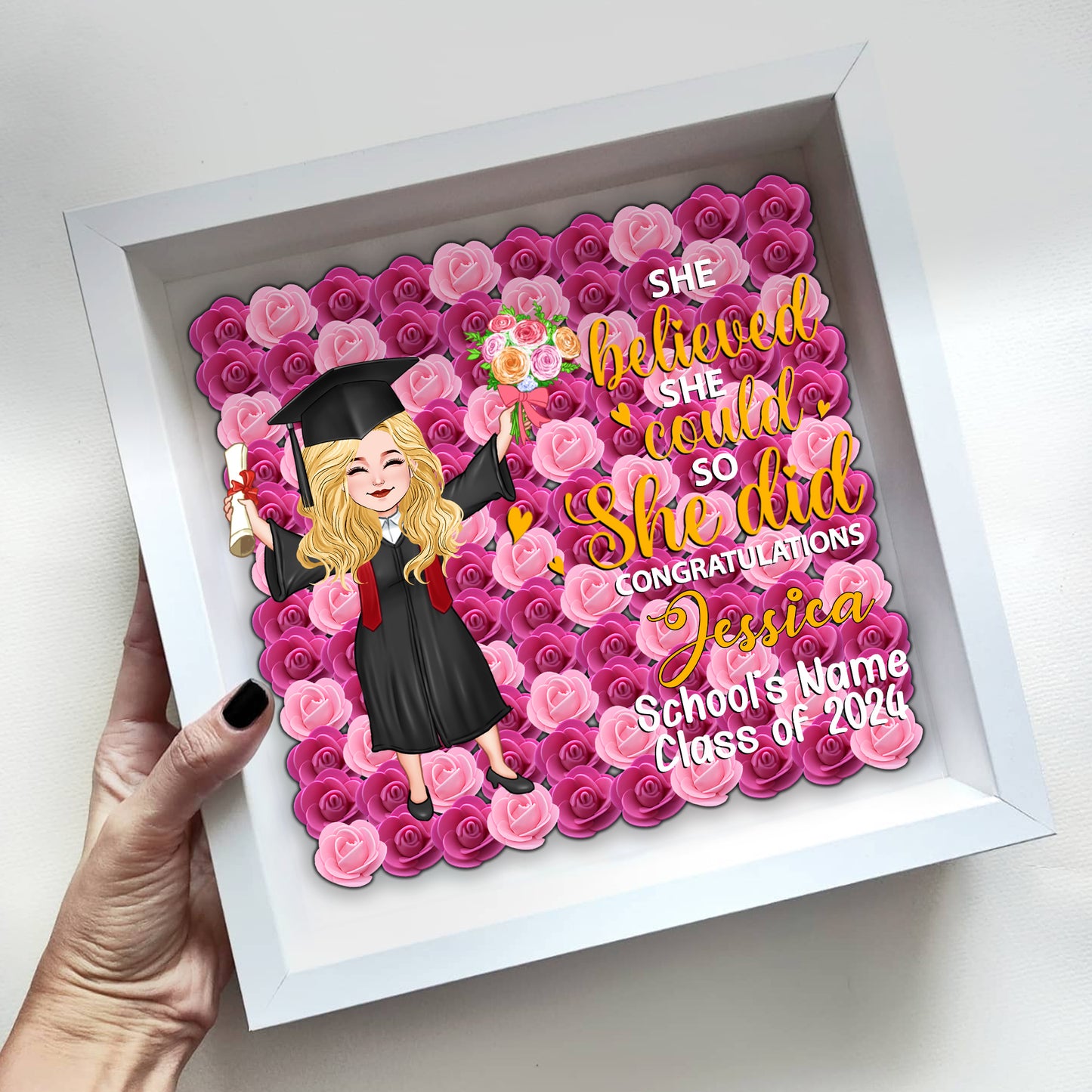 Graduation Girl 2024 - Personalized Graduation Custom Shaped Flower Shadow Box