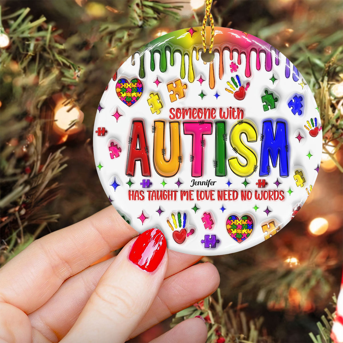 Love Need No Words - Personalized Autism Awareness Ceramic Circle Ornament