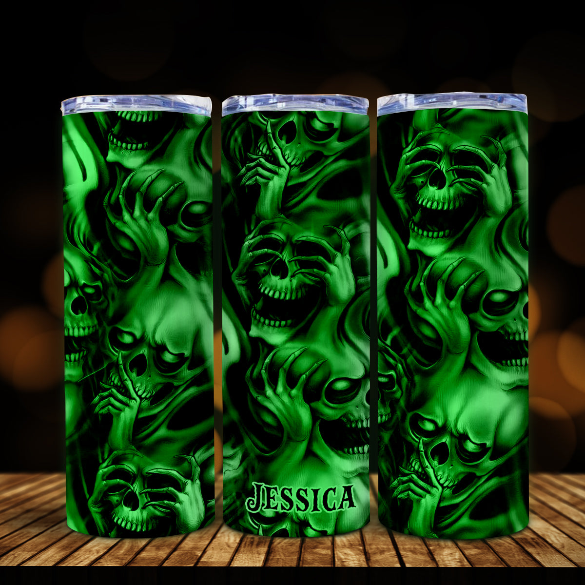Hear No Evil Speak No Evil See No Evil - Personalized Skull Glow Skinny Tumbler