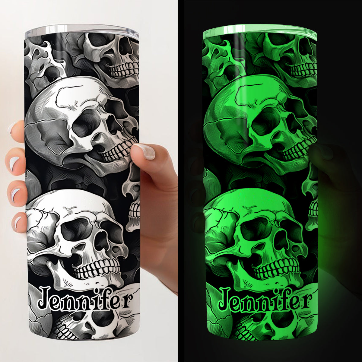Skull And Fire - Personalized Skull Glow Skinny Tumbler