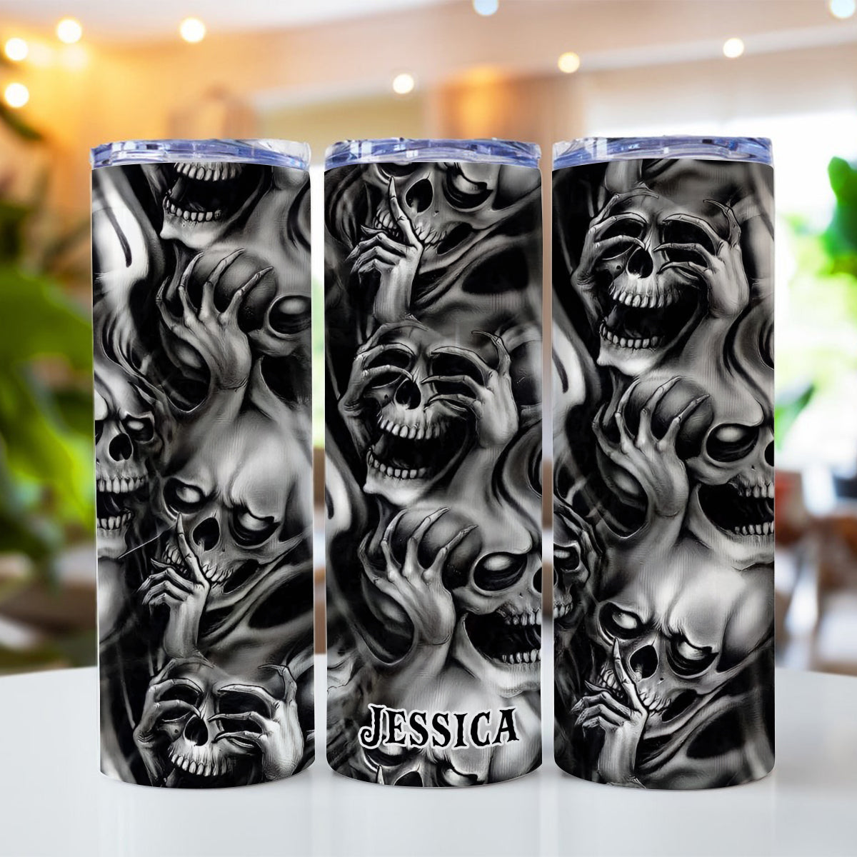 Hear No Evil Speak No Evil See No Evil - Personalized Skull Glow Skinny Tumbler