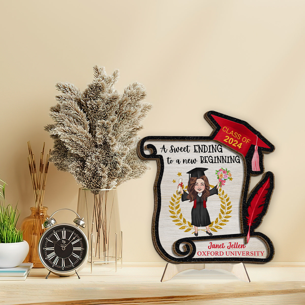 A Sweet Ending To A New Begining - Personalized Graduation 2 Layered Wood Sign / Wood Plaque