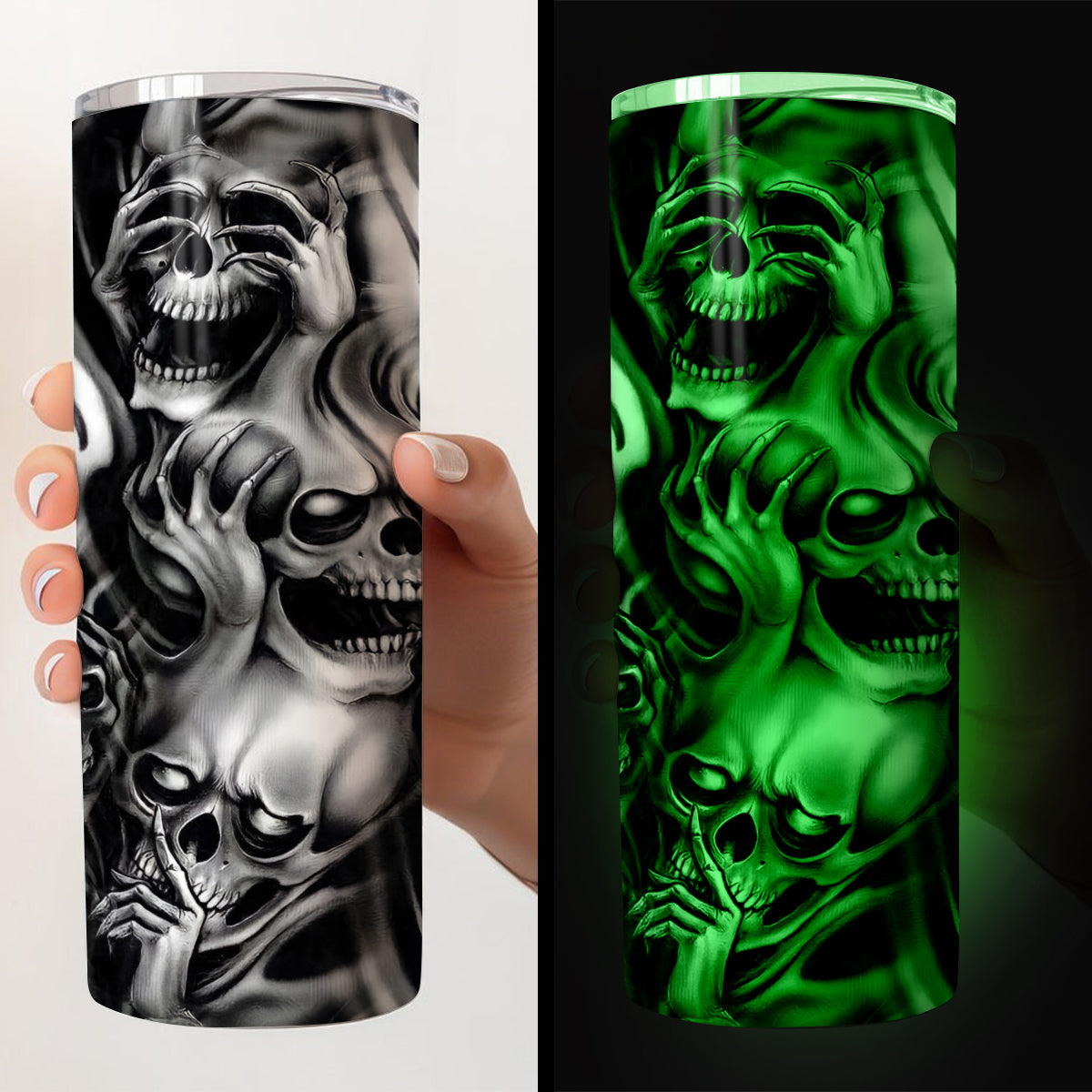 Hear No Evil Speak No Evil See No Evil - Personalized Skull Glow Skinny Tumbler