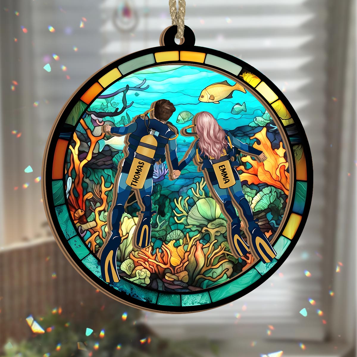 You & Me And The Sea - Personalized Scuba Diving 2 Layered Window Hanging Suncatcher