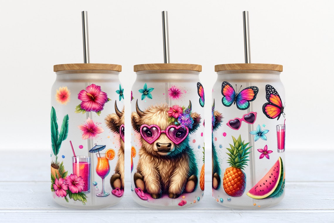 Summer Vibes Highland Cow Can Glass 0624