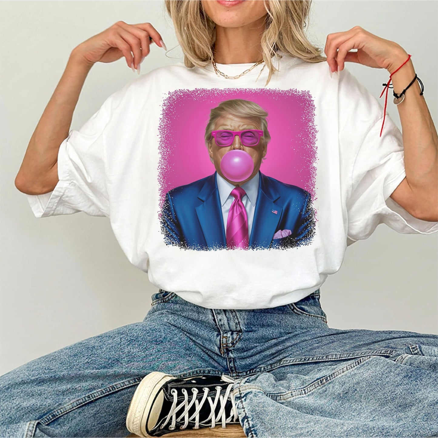 T-shirt Président Donald Trump | T-shirts Trump avec lunettes de soleil roses | Sweat-shirt, t-shirt et sweat à capuche Trump Bubble Gum