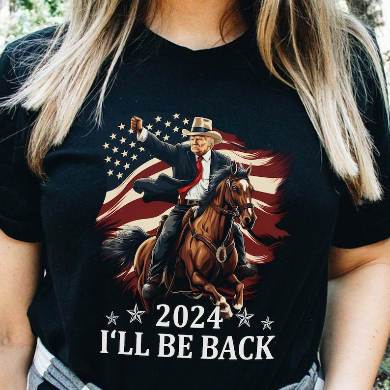T-shirt et sweat à capuche Trump à cheval avec le drapeau américain 0924