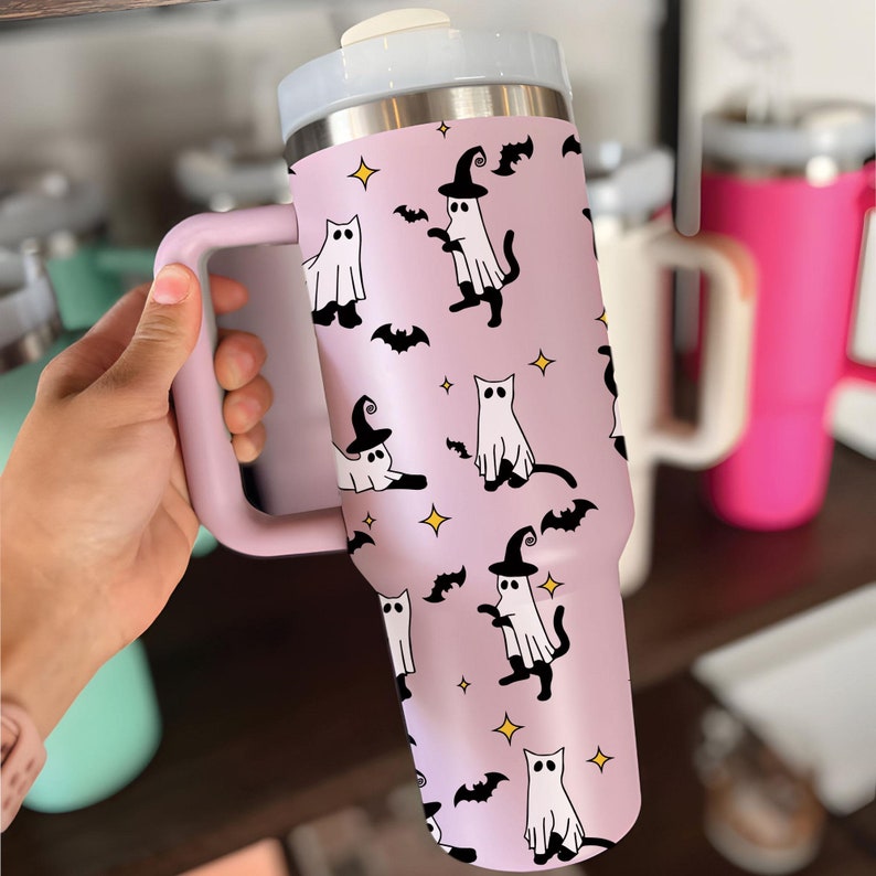 Halloween Ghost Cat Tumbler, Spooky Black Cat Stainless Steel Tumbler Halloween Tumbler With Handle 0924