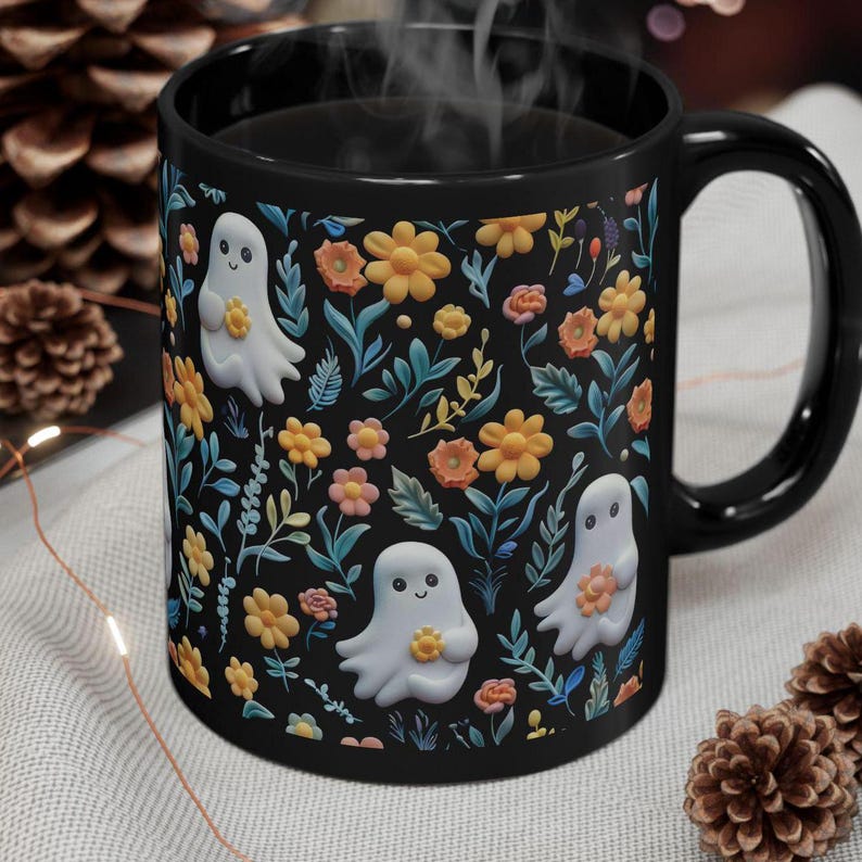 Vintage Floral Ghost Halloween Accent Mug 0924