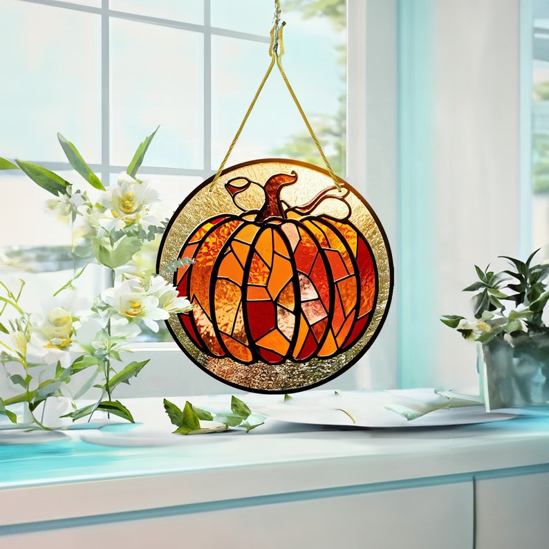 Décoration d'Halloween : citrouille en verre, attrape-soleil à suspendre à la fenêtre (réf. 0924)