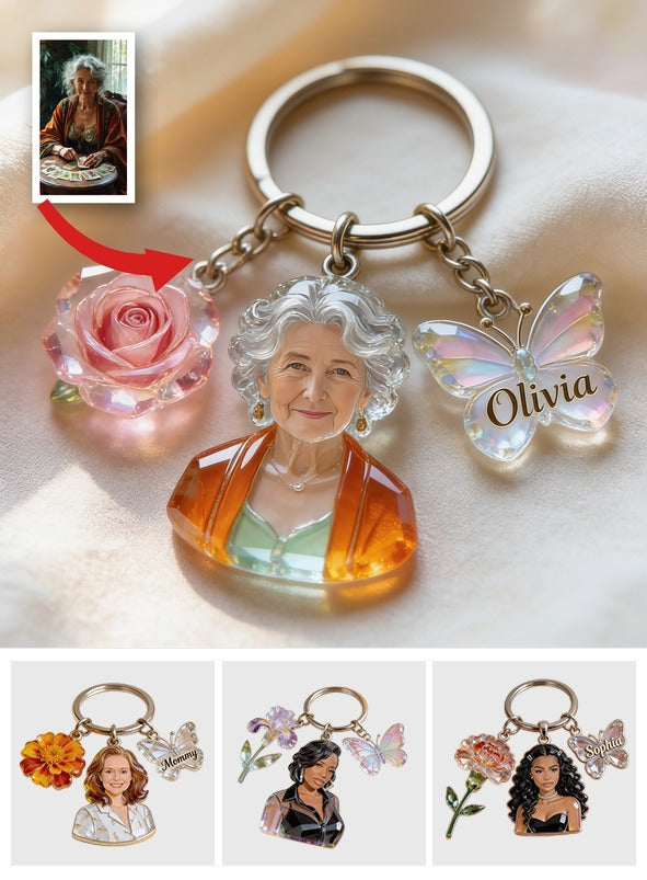 Personalized Crystal Latina Grandma Portrait Keychain - Custom Name Rose Butterfly Charm Sentimental Gift for Grandmother