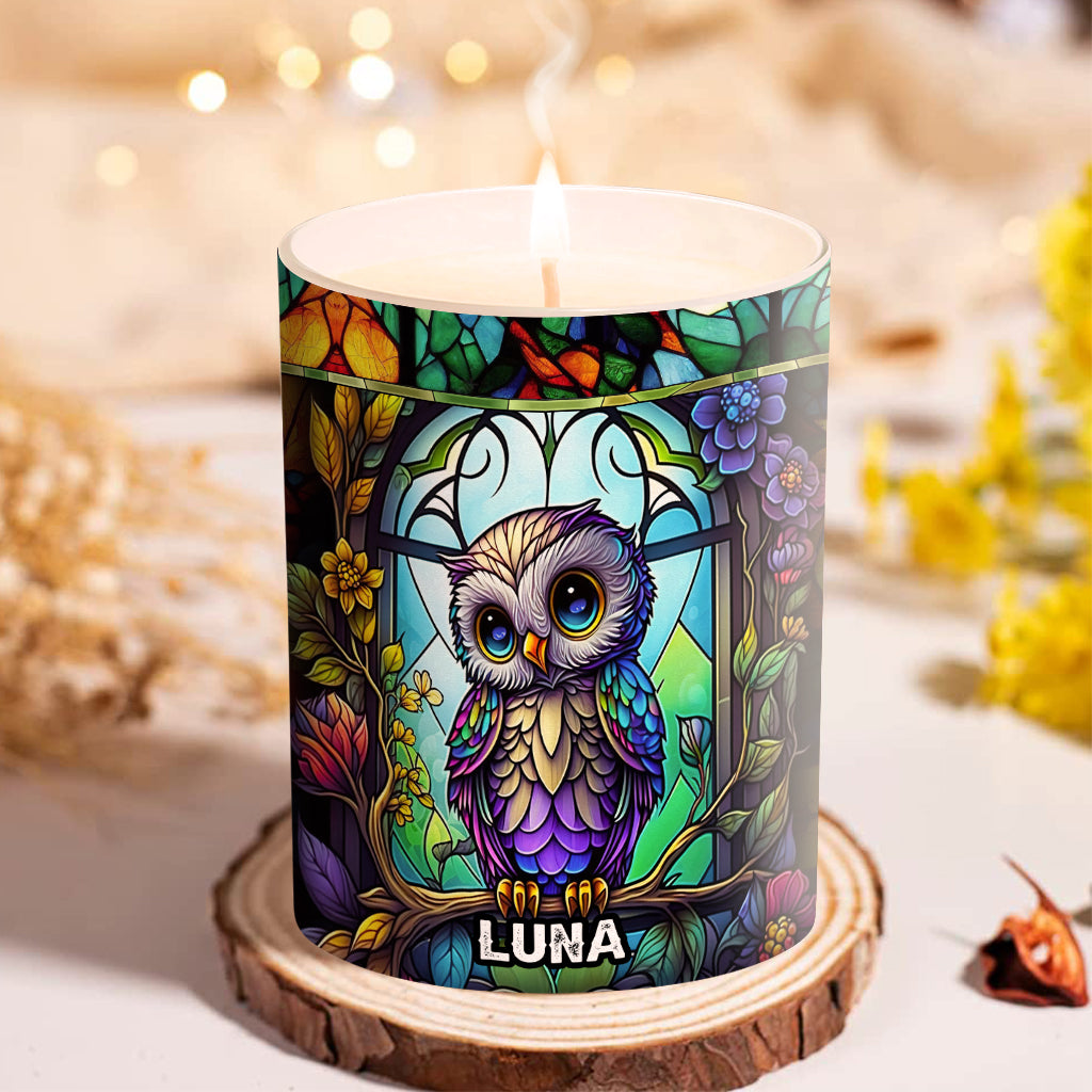 Colorful Owl - Personalized Owl Candle With Wooden Lid