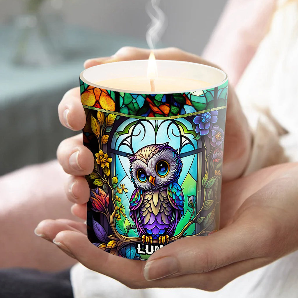Colorful Owl - Personalized Owl Candle With Wooden Lid