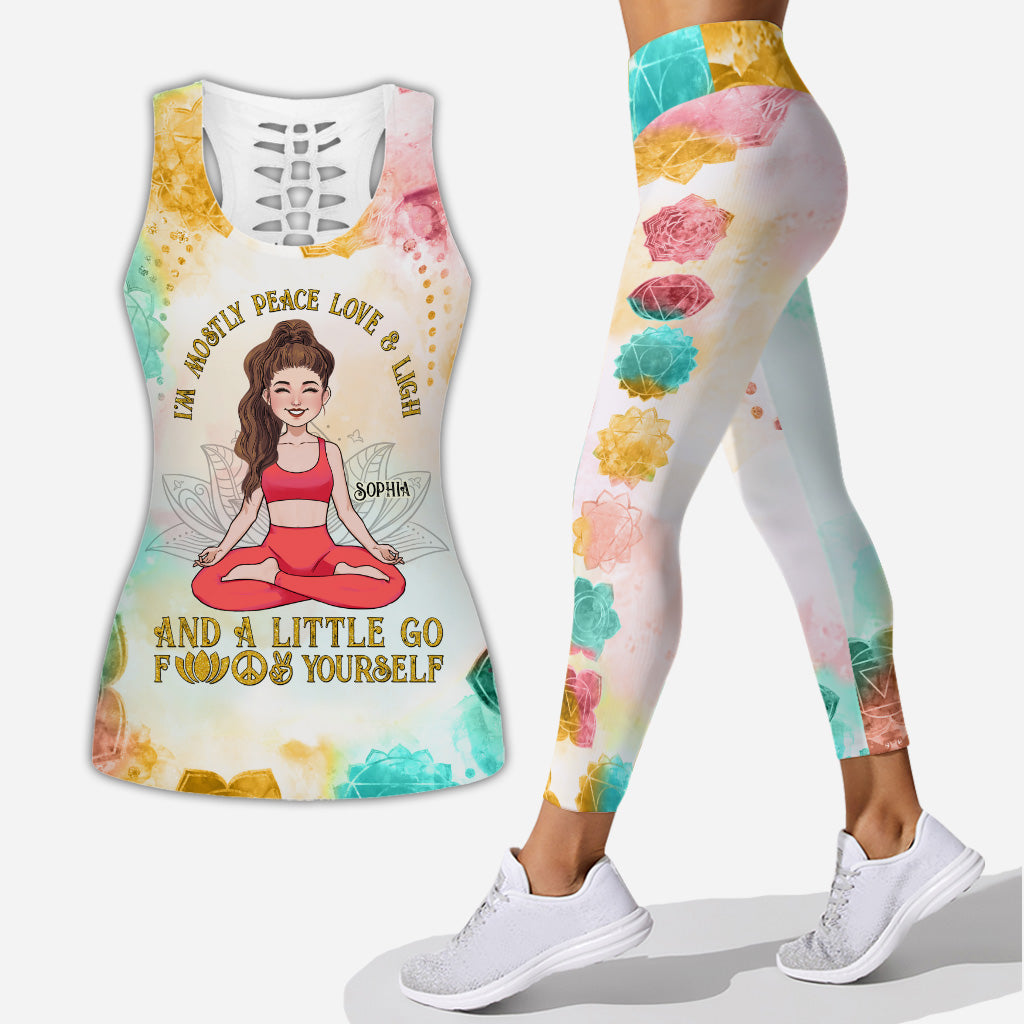 I'm Mostly Peace Love And Light - Personalized Yoga Hollow Tank Top and Leggings