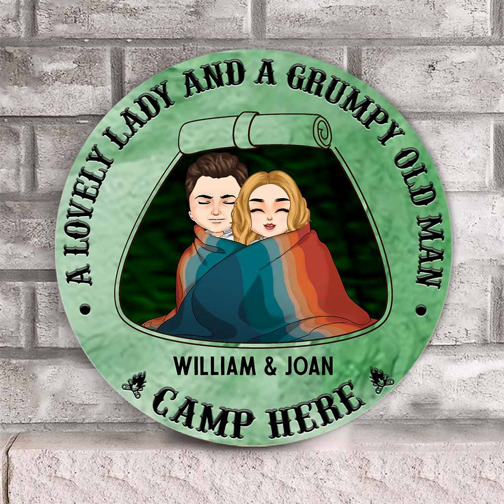 A Lovely Lady Grumpy Old Man Camp Here - Personalized Couple Round Wood Sign