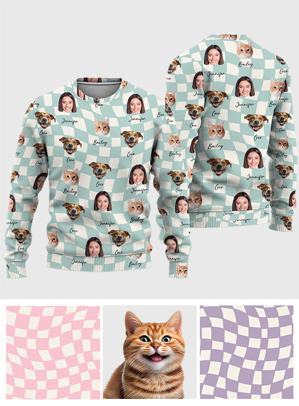 Pull moche personnalisé pour chat - Téléchargez n'importe quelle photo sur un motif à carreaux avec de nombreuses couleurs de fond -