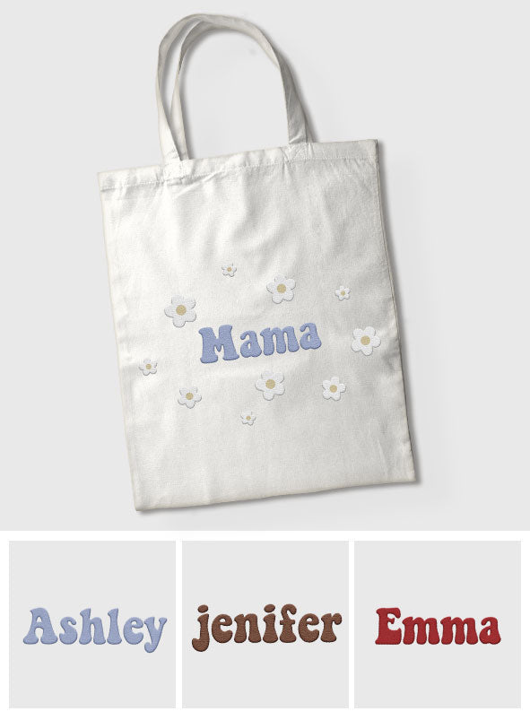 Personalisierte Tragetasche mit Namensaufdruck und Blume – bestickt für Stiefmütter