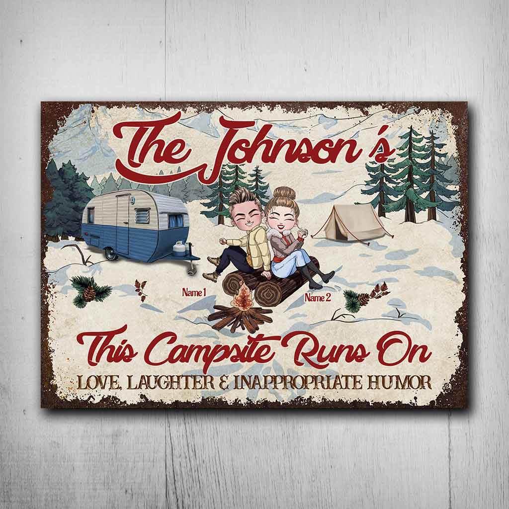 This Campsite Runs On Love Laughter - Couple Personalized Camping Rectangle Metal Sign