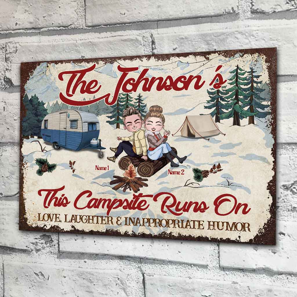 This Campsite Runs On Love Laughter - Couple Personalized Camping Rectangle Metal Sign
