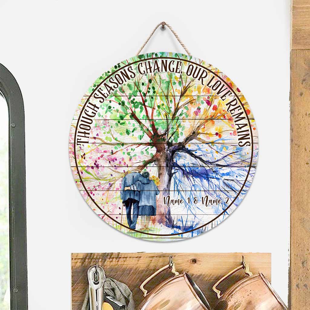 Though Seasons Change - Personalized Couple Round Wood Sign