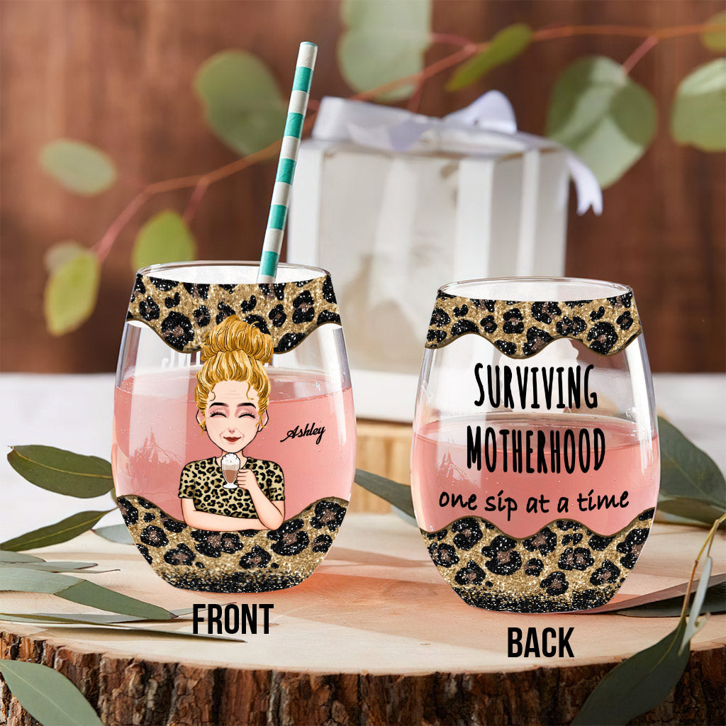 Surviving Motherhood - Personalized Mother's Day Mother All Over Wine Glass